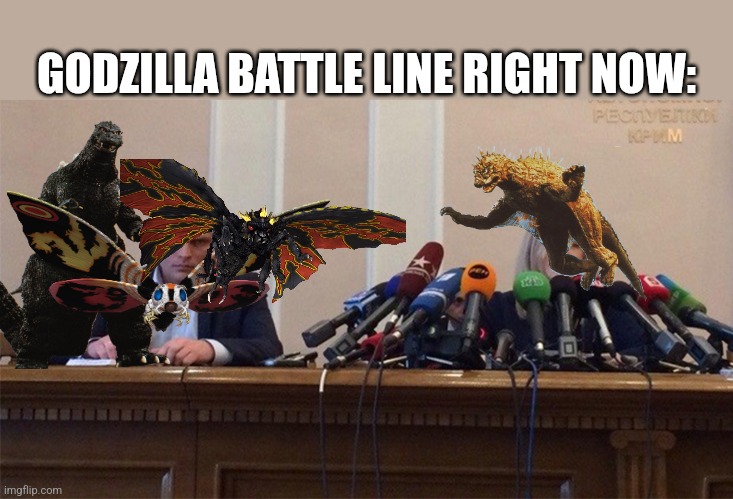 Our boy Varan is finally in | GODZILLA BATTLE LINE RIGHT NOW: | image tagged in man and woman microphone,godzilla 1991,mothra and battra,varan | made w/ Imgflip meme maker