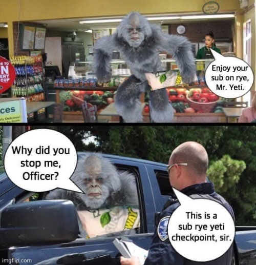 Bigfoot on Rye | image tagged in yeti,bigfoot,rye,sub,sandwich,bad puns | made w/ Imgflip meme maker