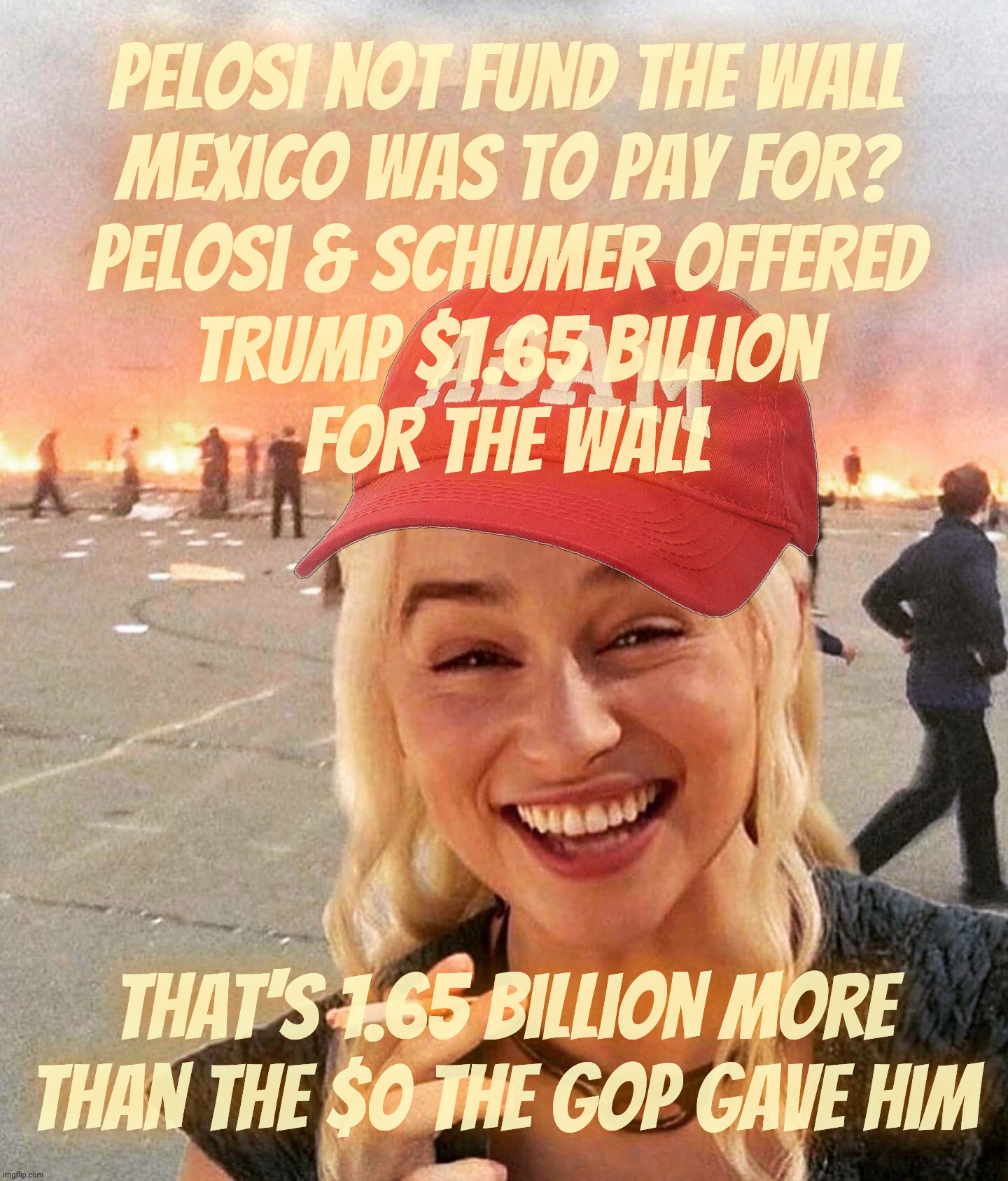 MAGAts' memory capacity for who actually offered to give at least some funding to Trump's Mexican Wall is, as always, low | Pelosi not fund the wall
Mexico was to pay for?
Pelosi & Schumer offered
Trump $1.65 billion
for the wall; That's 1.65 billion more
than the $0 the GOP gave him | image tagged in disaster smoker girl maga edition,wall of mexico,trump's mexican wall,to fund or not to fund,that bypassed question | made w/ Imgflip meme maker