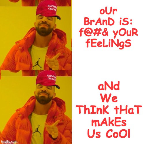 Maga Drake | oUr BrAnD iS: f@#& yOuR fEeLiNgS aNd We ThInK tHaT mAkEs Us CoOl | image tagged in maga drake | made w/ Imgflip meme maker