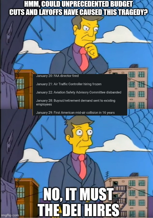 Skinner Out Of Touch | HMM, COULD UNPRECEDENTED BUDGET CUTS AND LAYOFFS HAVE CAUSED THIS TRAGEDY? NO, IT MUST THE DEI HIRES | image tagged in skinner out of touch | made w/ Imgflip meme maker