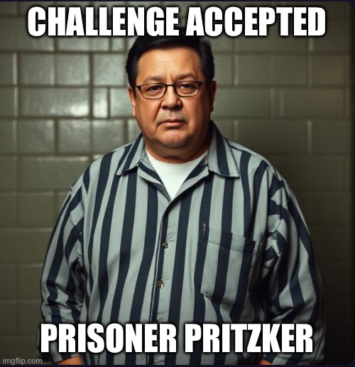 J. B. Prtizker in prison | CHALLENGE ACCEPTED; PRISONER PRITZKER | image tagged in j b prtizker in prison | made w/ Imgflip meme maker