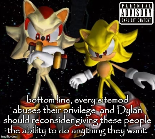 sonic n shadow | bottom line, every sitemod abuses their privilege  and Dylan should reconsider giving these people the ability to do anything they want. | image tagged in sonic n shadow | made w/ Imgflip meme maker