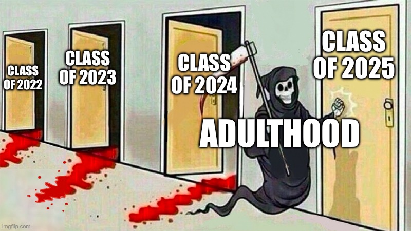 death knocking at the door | CLASS OF 2025; CLASS OF 2024; CLASS OF 2023; CLASS OF 2022; ADULTHOOD | image tagged in death knocking at the door | made w/ Imgflip meme maker