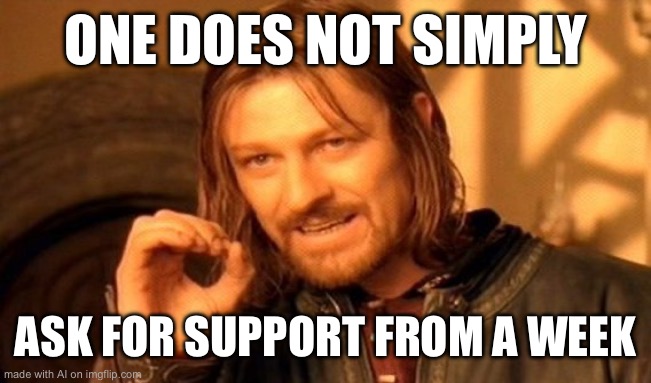 One Does Not Simply | ONE DOES NOT SIMPLY; ASK FOR SUPPORT FROM A WEEK | image tagged in memes,one does not simply | made w/ Imgflip meme maker