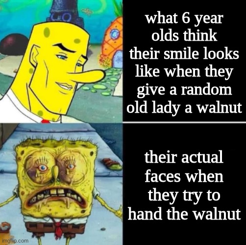 ‎ | what 6 year olds think their smile looks like when they give a random old lady a walnut; their actual faces when they try to hand the walnut | image tagged in handsome spongebob vs ugly spongebob,yep,stop reading these tags,why are you reading the tags,demotivationals,walnut | made w/ Imgflip meme maker