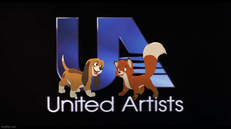 Tod and Copper In The United Artists Logo | image tagged in united artists,the fox and the hound,the fox and the hound 2,hollywood,fox,dog | made w/ Imgflip meme maker