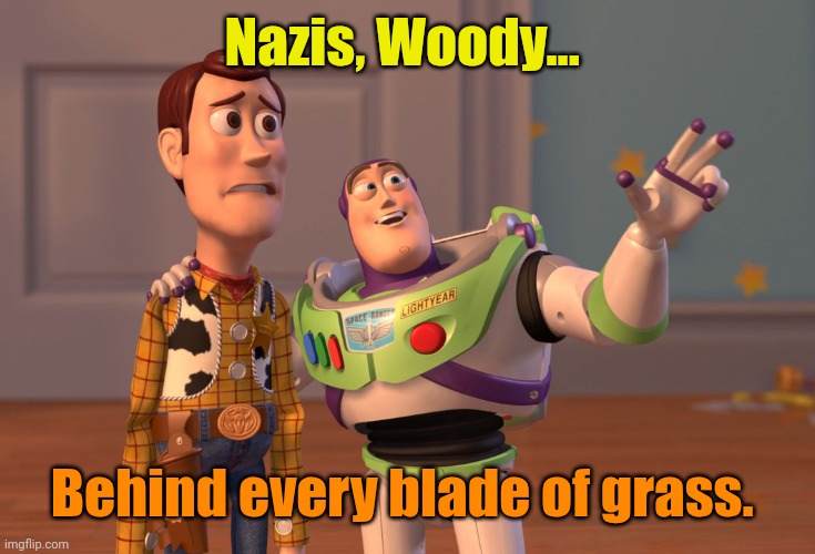 X, X Everywhere Meme | Nazis, Woody... Behind every blade of grass. | image tagged in memes,x x everywhere | made w/ Imgflip meme maker