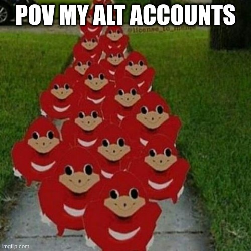 Ugandan knuckles army | POV MY ALT ACCOUNTS | image tagged in ugandan knuckles army | made w/ Imgflip meme maker