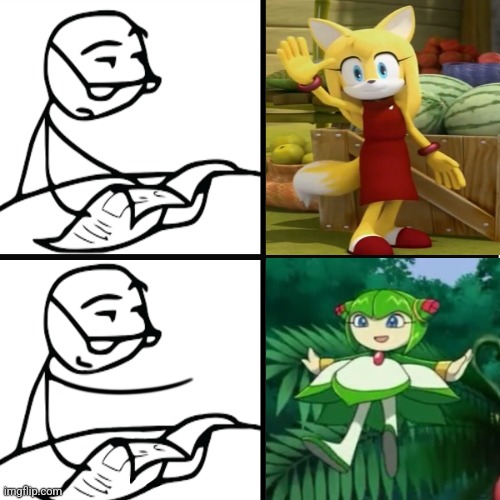 Zooey For Tails? Neh. Cosmo For Tails? YAH | image tagged in newspaper guy,cosmo,drake hotline bling,sonic x,newspaper,sonic boom | made w/ Imgflip meme maker