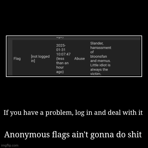 pussy | If you have a problem, log in and deal with it | Anonymous flags ain't gonna do shit | image tagged in funny,demotivationals | made w/ Imgflip demotivational maker