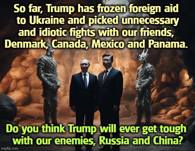 So far, Trump has frozen foreign aid 
to Ukraine and picked unnecessary and idiotic fights with our friends, 
Denmark, Canada, Mexico and Panama. Do you think Trump will ever get tough 
with our enemies, Russia and China? | image tagged in trump,ukraine,denmark,canada,mexico,panama | made w/ Imgflip meme maker