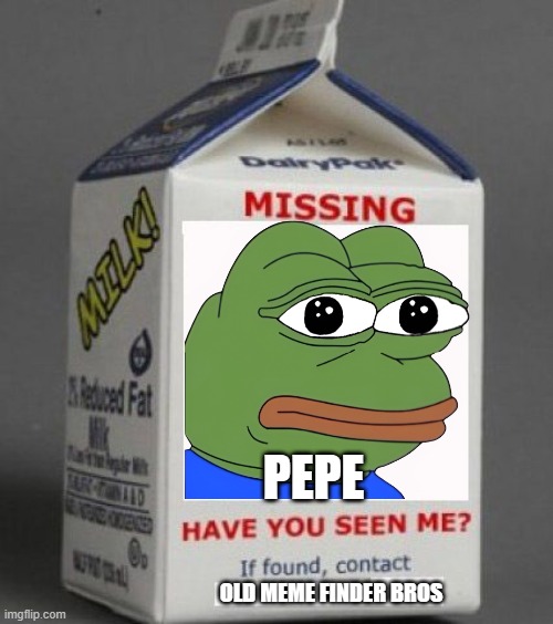 Milk carton | PEPE; OLD MEME FINDER BROS | image tagged in milk carton | made w/ Imgflip meme maker