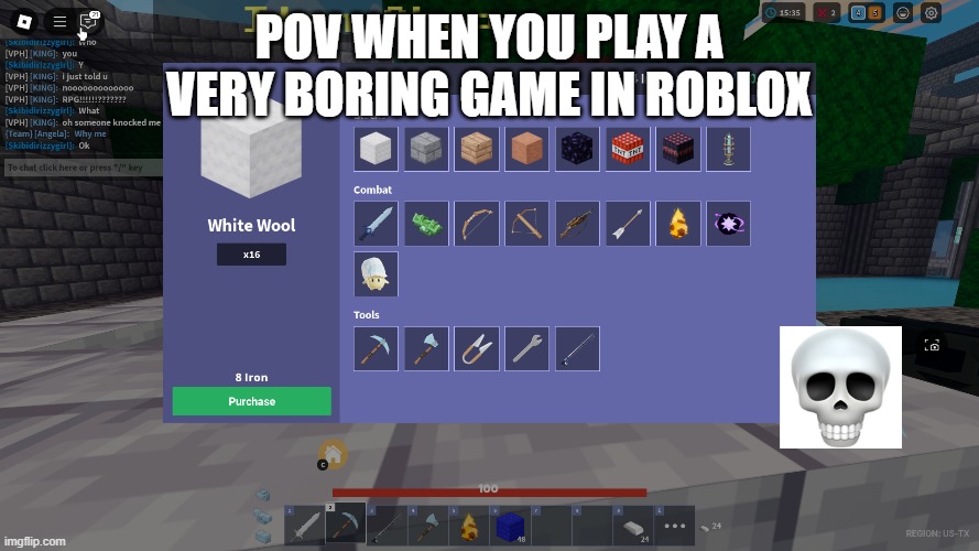 bedwars in these days | POV WHEN YOU PLAY A VERY BORING GAME IN ROBLOX | image tagged in roblox bedwars,boring | made w/ Imgflip meme maker