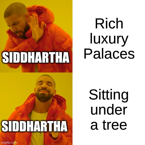 Drake Hotline Bling Meme | Rich luxury Palaces; SIDDHARTHA; Sitting under a tree; SIDDHARTHA | image tagged in memes,drake hotline bling | made w/ Imgflip meme maker