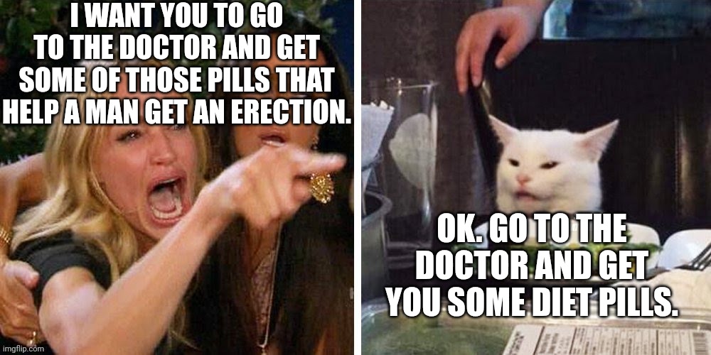 Smudge that darn cat with Karen | I WANT YOU TO GO TO THE DOCTOR AND GET SOME OF THOSE PILLS THAT HELP A MAN GET AN ERECTION. OK. GO TO THE DOCTOR AND GET YOU SOME DIET PILLS. | image tagged in smudge that darn cat with karen | made w/ Imgflip meme maker