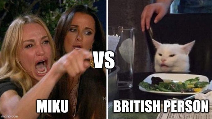 Angry lady cat | VS; MIKU; BRITISH PERSON | image tagged in angry lady cat | made w/ Imgflip meme maker