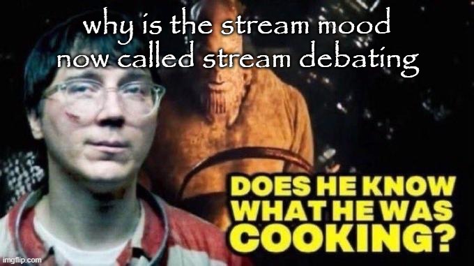 does he KNOW??? | why is the stream mood now called stream debating | image tagged in does he know | made w/ Imgflip meme maker