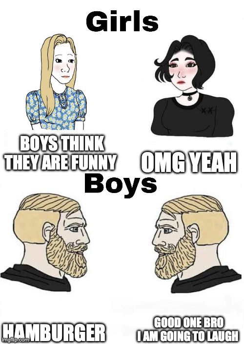 Girls vs Boys | BOYS THINK THEY ARE FUNNY; OMG YEAH; GOOD ONE BRO I AM GOING TO LAUGH; HAMBURGER | image tagged in girls vs boys | made w/ Imgflip meme maker