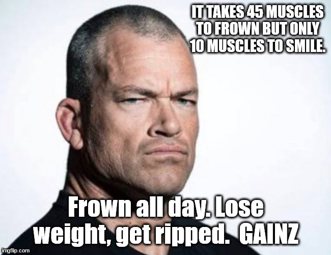 Frown all day | IT TAKES 45 MUSCLES TO FROWN BUT ONLY 10 MUSCLES TO SMILE. Frown all day. Lose weight, get ripped.  GAINZ | image tagged in gains | made w/ Imgflip meme maker