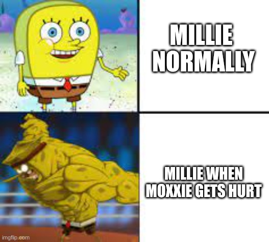 Spongebob Meme | MILLIE 
NORMALLY; MILLIE WHEN MOXXIE GETS HURT | image tagged in spongebob meme | made w/ Imgflip meme maker