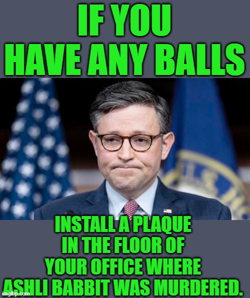 yep | IF YOU HAVE ANY BALLS; INSTALL A PLAQUE IN THE FLOOR OF YOUR OFFICE WHERE ASHLI BABBIT WAS MURDERED. | image tagged in mike johnson | made w/ Imgflip meme maker