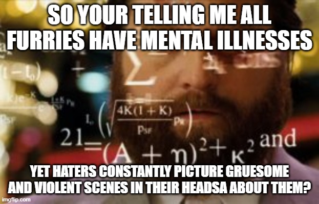 heres smth to think about | SO YOUR TELLING ME ALL FURRIES HAVE MENTAL ILLNESSES; YET HATERS CONSTANTLY PICTURE GRUESOME AND VIOLENT SCENES IN THEIR HEADSA ABOUT THEM? | image tagged in trying to calculate how much sleep i can get | made w/ Imgflip meme maker