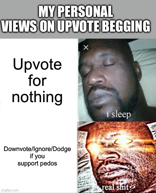 Be creative before you beg | MY PERSONAL VIEWS ON UPVOTE BEGGING; Upvote for nothing; Downvote/Ignore/Dodge if you support pedos | image tagged in memes,sleeping shaq,aub on top | made w/ Imgflip meme maker