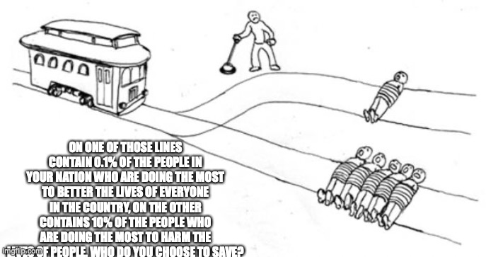 Trolley Problem | ON ONE OF THOSE LINES CONTAIN 0.1% OF THE PEOPLE IN YOUR NATION WHO ARE DOING THE MOST TO BETTER THE LIVES OF EVERYONE IN THE COUNTRY, ON THE OTHER CONTAINS 10% OF THE PEOPLE WHO ARE DOING THE MOST TO HARM THE LIVES OF PEOPLE, WHO DO YOU CHOOSE TO SAVE? | image tagged in trolley problem | made w/ Imgflip meme maker