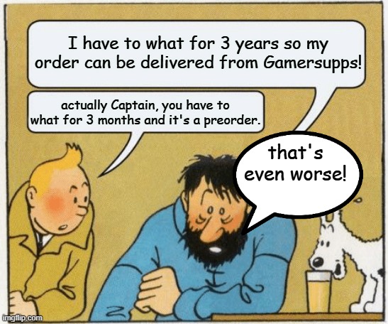 A long what | I have to what for 3 years so my order can be delivered from Gamersupps! actually Captain, you have to what for 3 months and it's a preorder. that's even worse! | image tagged in tintin and haddock,what,gamersupps | made w/ Imgflip meme maker