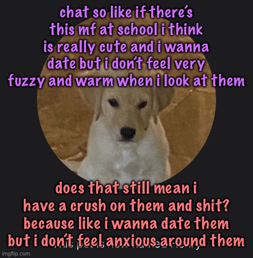 if anyone knows what i’m talking about | chat so like if there’s this mf at school i think is really cute and i wanna date but i don’t feel very fuzzy and warm when i look at them; does that still mean i have a crush on them and shit? because like i wanna date them but i don’t feel anxious around them | image tagged in say hi to henry,cinnabox announcement | made w/ Imgflip meme maker