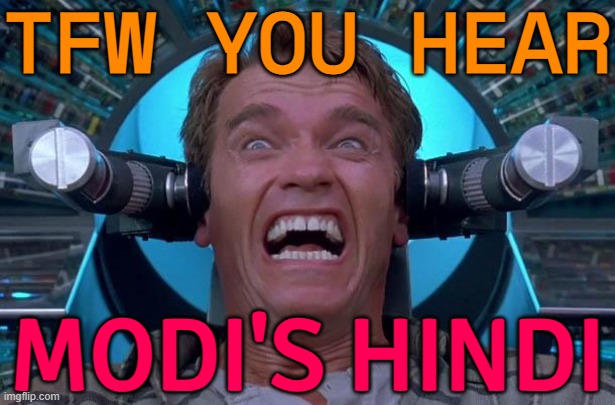 TFW  You Hear Modi's Hindi | TFW YOU HEAR; MODI'S HINDI | image tagged in arnie total recall,narendra modi,modi,language,india,indians | made w/ Imgflip meme maker