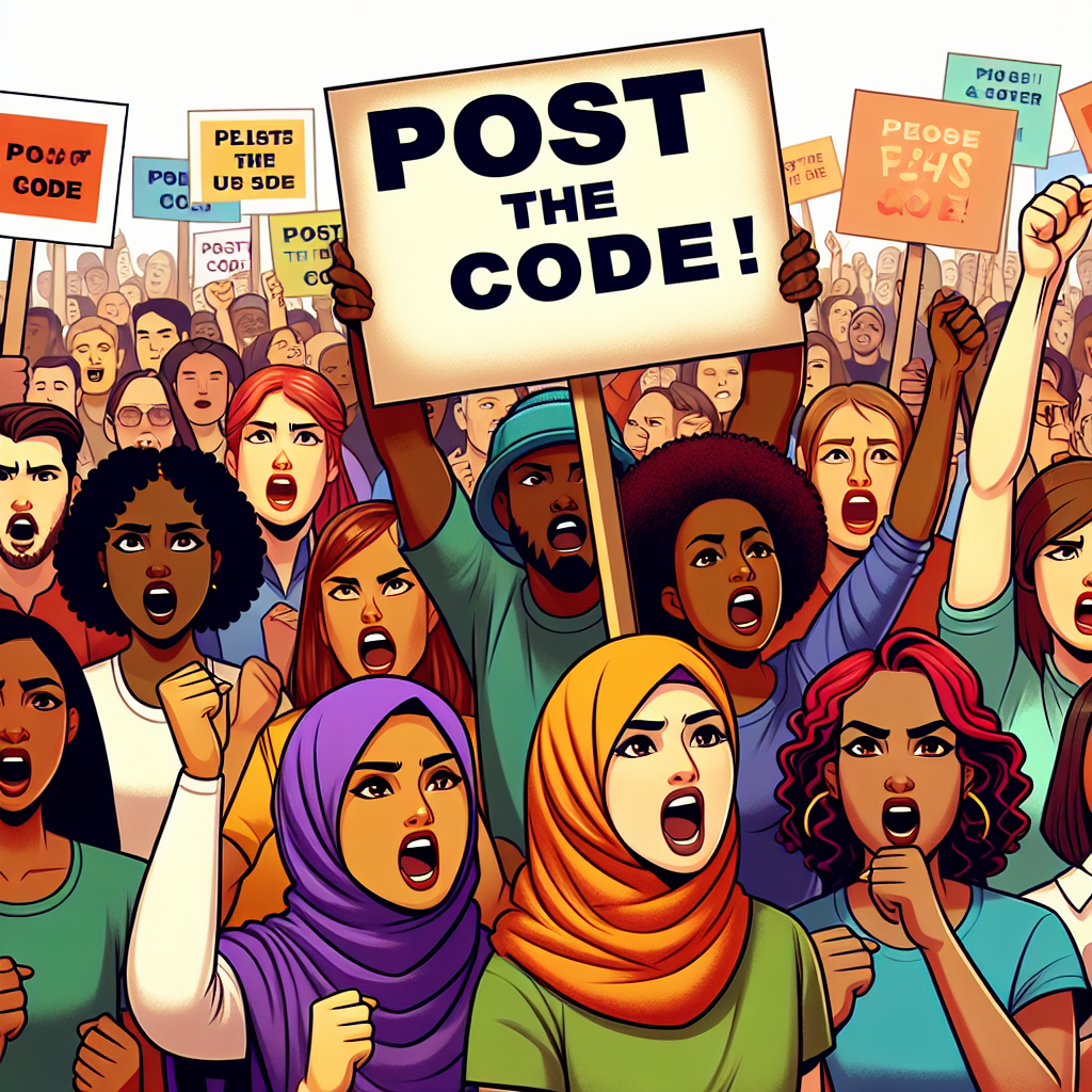 People with signs picketing and chanting, "Post the code!" Blank Meme Template