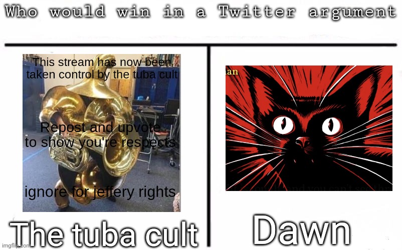 Pitting random mfs against each other | Dawn; The tuba cult | image tagged in pitting random mfs against each other,memes,msmg | made w/ Imgflip meme maker