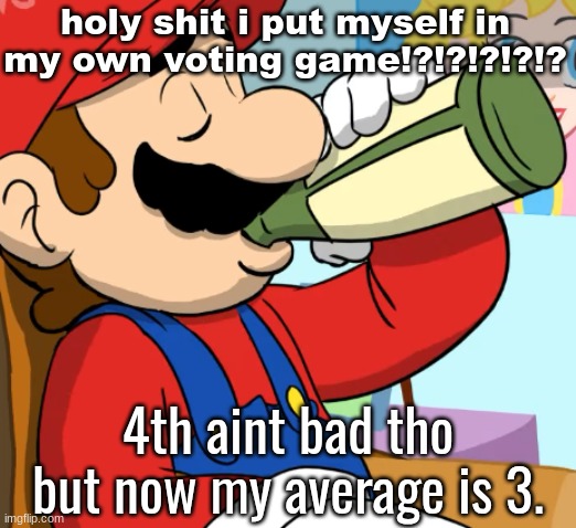 mario drinking | holy shit i put myself in my own voting game!?!?!?!?!? 4th aint bad tho but now my average is 3. | image tagged in mario drinking | made w/ Imgflip meme maker