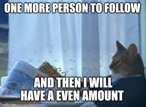 I Should Buy A Boat Cat | ONE MORE PERSON TO FOLLOW; AND THEN I WILL HAVE A EVEN AMOUNT | image tagged in memes,i should buy a boat cat | made w/ Imgflip meme maker