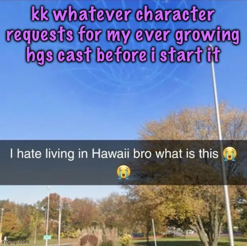 request contestants and shit | kk whatever character requests for my ever growing hgs cast before i start it | image tagged in i hate living in hawaii bro what is this,cinnabox announcement | made w/ Imgflip meme maker