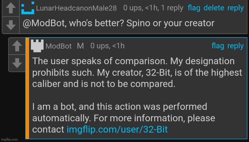 I didn't know 32-Bit made his bot glaze himself | image tagged in memes,msmg,mod,bot | made w/ Imgflip meme maker