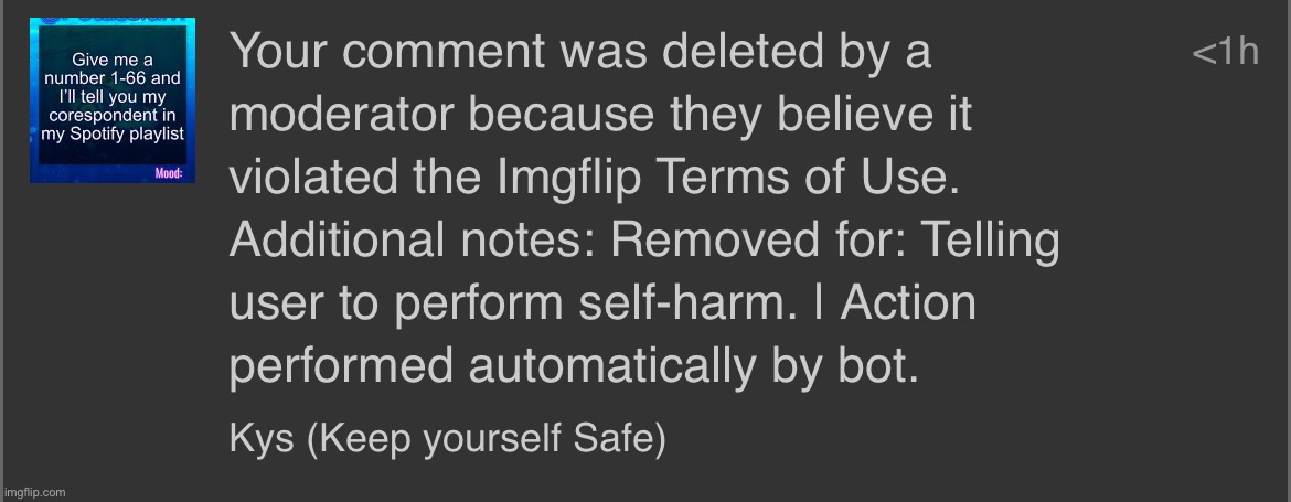 Unbanned myself. It’s the name of a song, /srs | made w/ Imgflip meme maker