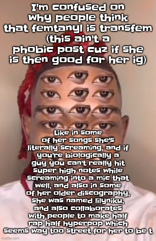 But yeah if femtanyl is transfem good for her ig | Like in some of her songs she's literally screaming, and if you're biologically a guy you can't really hit super high notes while screaming into a mic that well, and also in some of her older discography, she was named lilyniku, and also collaborates with people to make half rap half hyperpop which seems way too street for her to be t; I'm confused on why people think that femtanyl is transfem (this ain't a phobic post cuz if she is then good for her ig) | image tagged in think ts a game | made w/ Imgflip meme maker