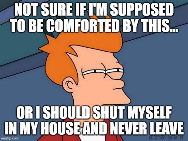 Comforted | NOT SURE IF I'M SUPPOSED TO BE COMFORTED BY THIS... OR I SHOULD SHUT MYSELF IN MY HOUSE AND NEVER LEAVE; @ChallengeBelief | image tagged in not sure if- fry | made w/ Imgflip meme maker