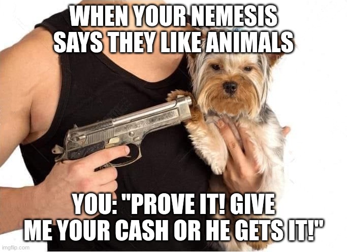 dog hostage | WHEN YOUR NEMESIS SAYS THEY LIKE ANIMALS; YOU: "PROVE IT! GIVE ME YOUR CASH OR HE GETS IT!" | image tagged in dog hostage | made w/ Imgflip meme maker