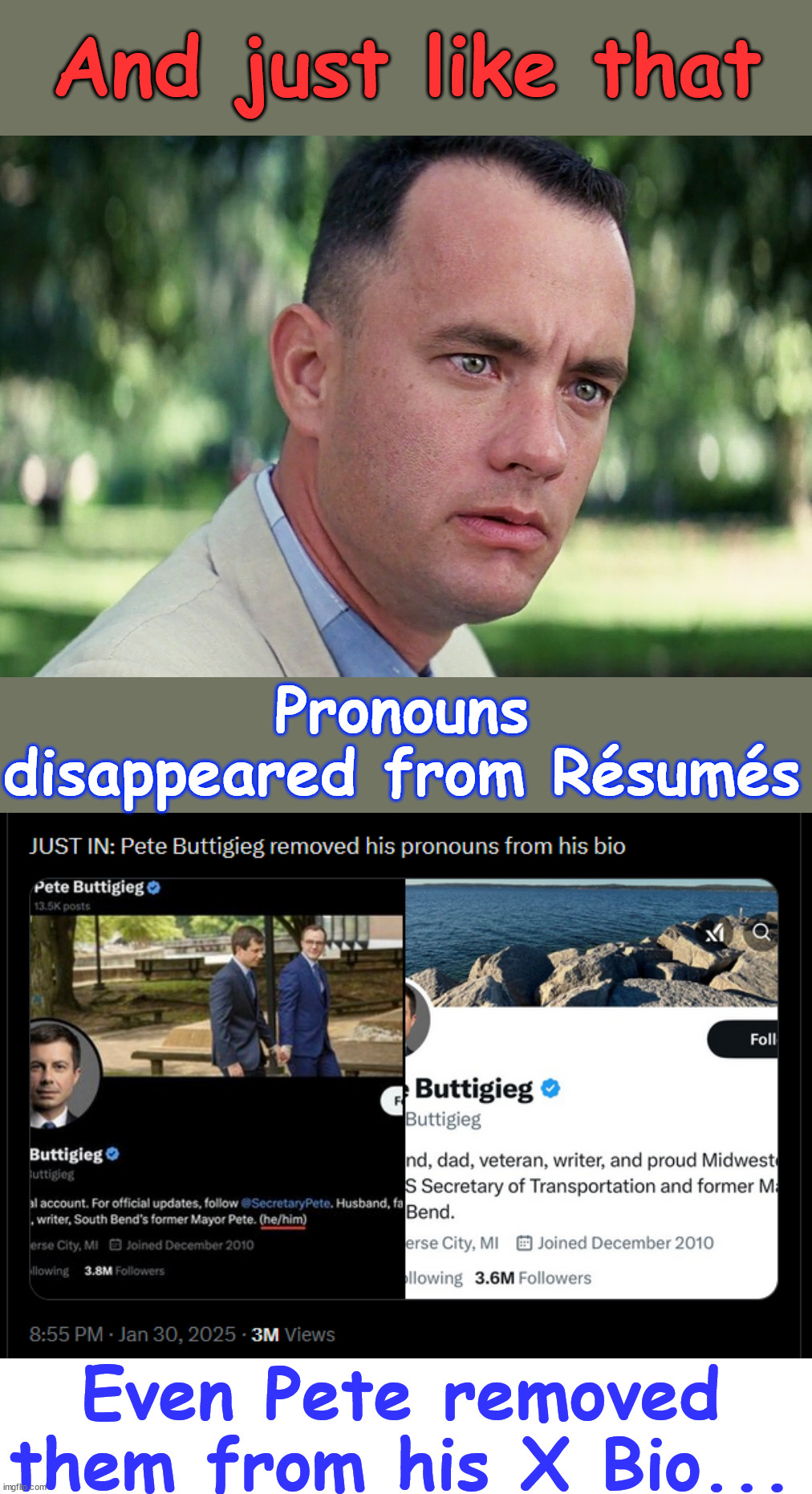 Bye Bye madness... Pronouns are out... | And just like that; Pronouns disappeared from Résumés; Even Pete removed them from his X Bio... | image tagged in memes,and just like that,bye bye,madness,pronouns are out | made w/ Imgflip meme maker