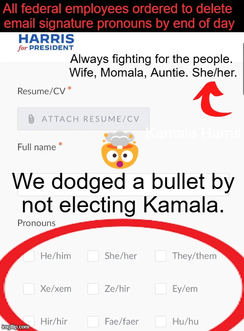 I didn't know 'they' had so many dumb pronouns until I found this Kamala online form...beam me up! | All federal employees ordered to delete 
email signature pronouns by end of day; Always fighting for the people. 
Wife, Momala, Auntie. She/her. Kamala Harris; 🤯; We dodged a bullet by
not electing Kamala. | image tagged in pronouns,trump is fixing it,federal employees,kamala harris,dumb,out of their minds | made w/ Imgflip meme maker