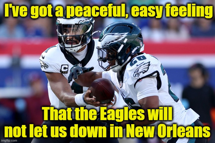 Eagles in New Orleans | I've got a peaceful, easy feeling; That the Eagles will not let us down in New Orleans | image tagged in philadelphia eagles,philadelphia,superbowl,nfl memes,nfl football,kansas city chiefs | made w/ Imgflip meme maker