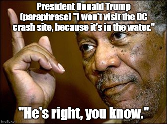 "Do you want me to go swimming?" is the real quote. | President Donald Trump (paraphrase) "I won't visit the DC crash site, because it's in the water."; "He's right, you know." | image tagged in this morgan freeman,donald trump | made w/ Imgflip meme maker