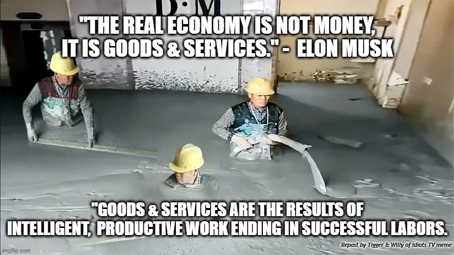 Govt Stupidity at Work with The New 3 Stooges Send in the Doge | "THE REAL ECONOMY IS NOT MONEY, IT IS GOODS & SERVICES." -  ELON MUSK; "GOODS & SERVICES ARE THE RESULTS OF INTELLIGENT,  PRODUCTIVE WORK ENDING IN SUCCESSFUL LABORS. Repost by Tigger & Willy of Idiots TV meme | made w/ Imgflip meme maker