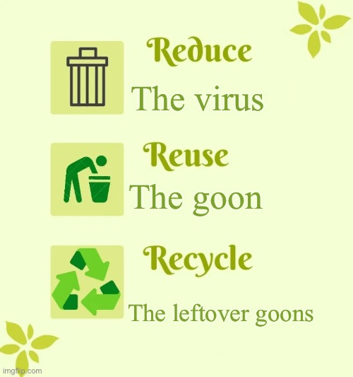 Reduce Reuse Recycle | The virus The goon The leftover goons | image tagged in reduce reuse recycle | made w/ Imgflip meme maker