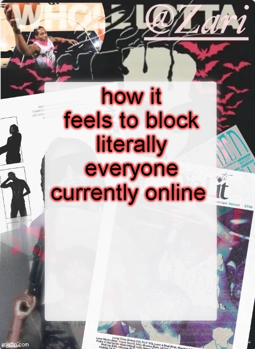 zari.'s 10th announcement template (ty cinna) | how it feels to block literally everyone currently online | image tagged in zari 's 10th announcement template ty cinna | made w/ Imgflip meme maker