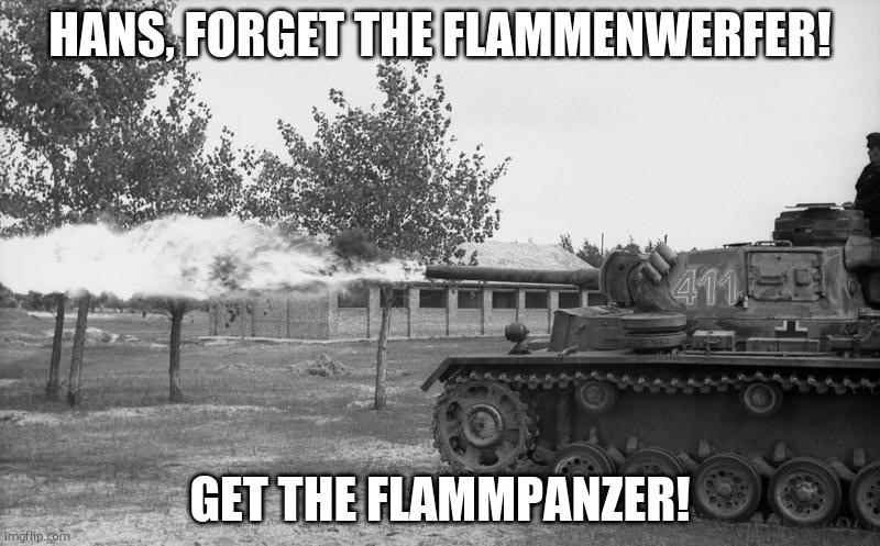 HANS, FORGET THE FLAMMENWERFER! GET THE FLAMMPANZER! | image tagged in forget ze flammenwerfer hans get ze flammpanzer | made w/ Imgflip meme maker